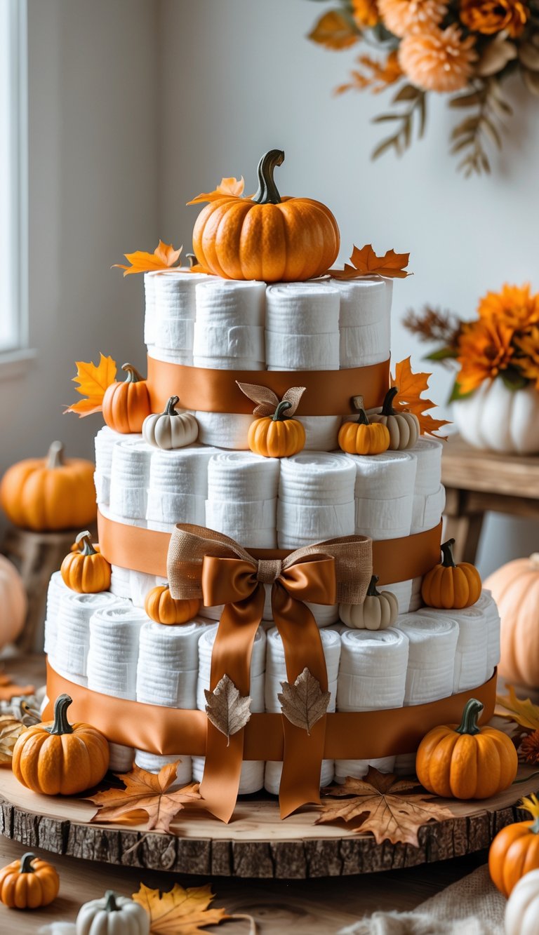 A pumpkin-themed diaper cake decorated with small pumpkins and autumn leaves on a wooden table with baby shower decorations around it.